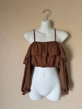 Papaya Brown Floral Off-Shoulder Mesh Long Sleeve Crop Top Boho Ruffle Small
